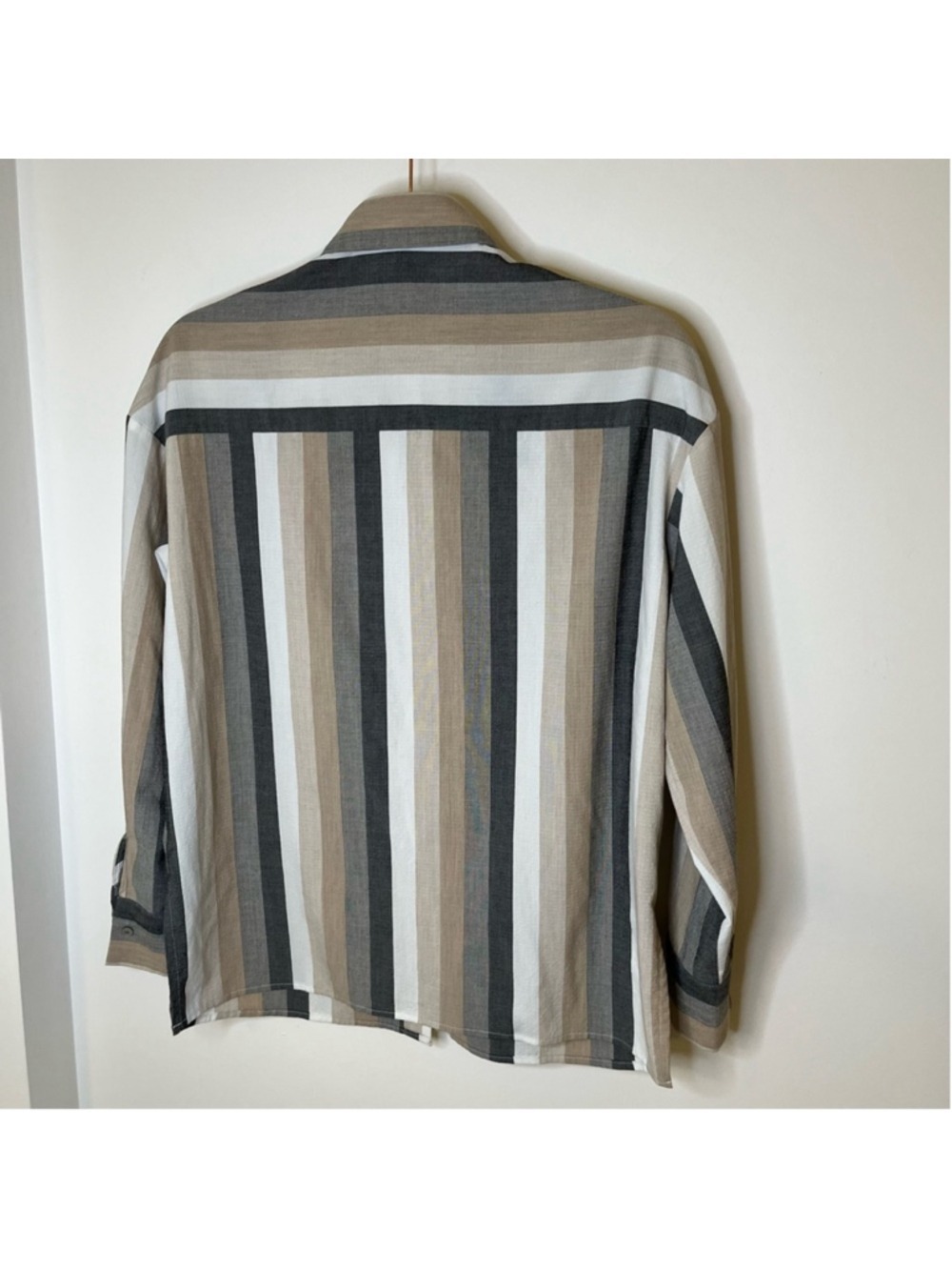 Striped Button Up Long Sleeve Shirt in Neutral Tan, Cream, Faded Black, Small - Picture 4 of 14
